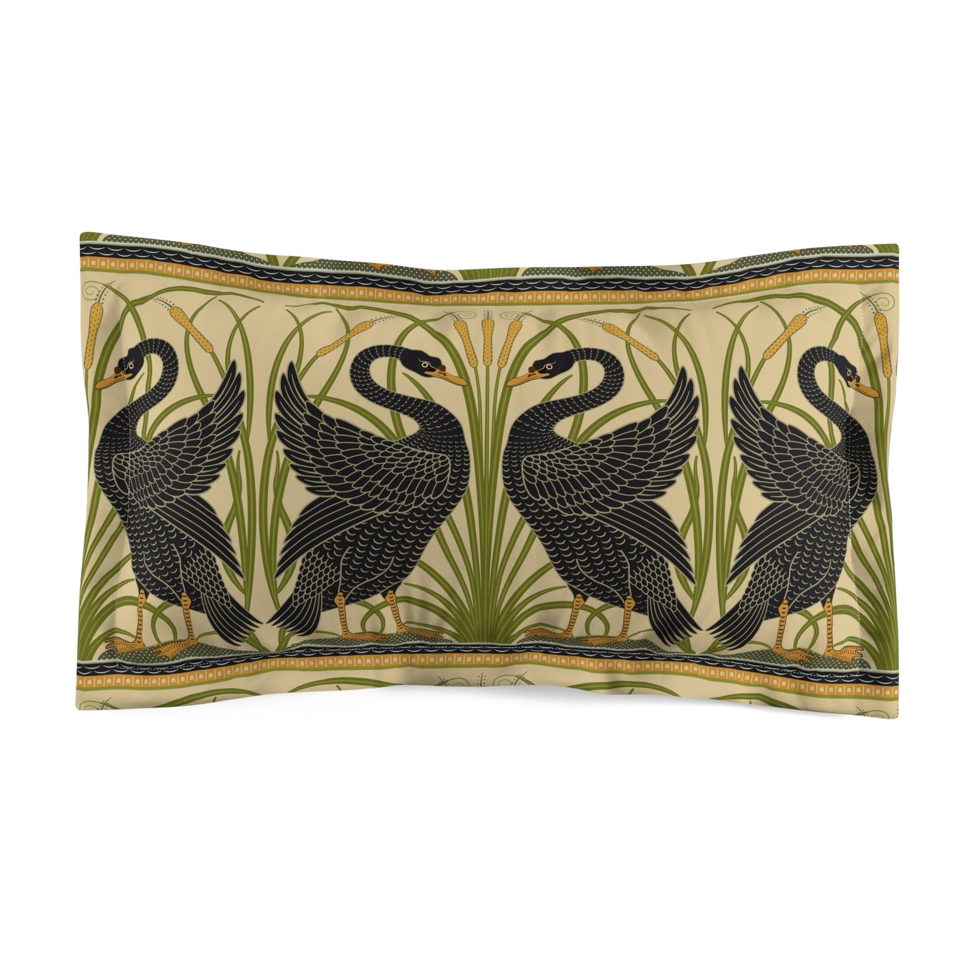 Decorative pillow with black swan design on a white background