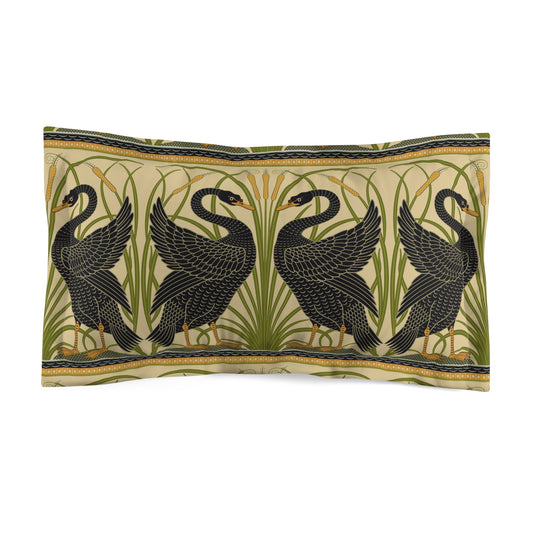 Decorative pillow with black swan design on a white background