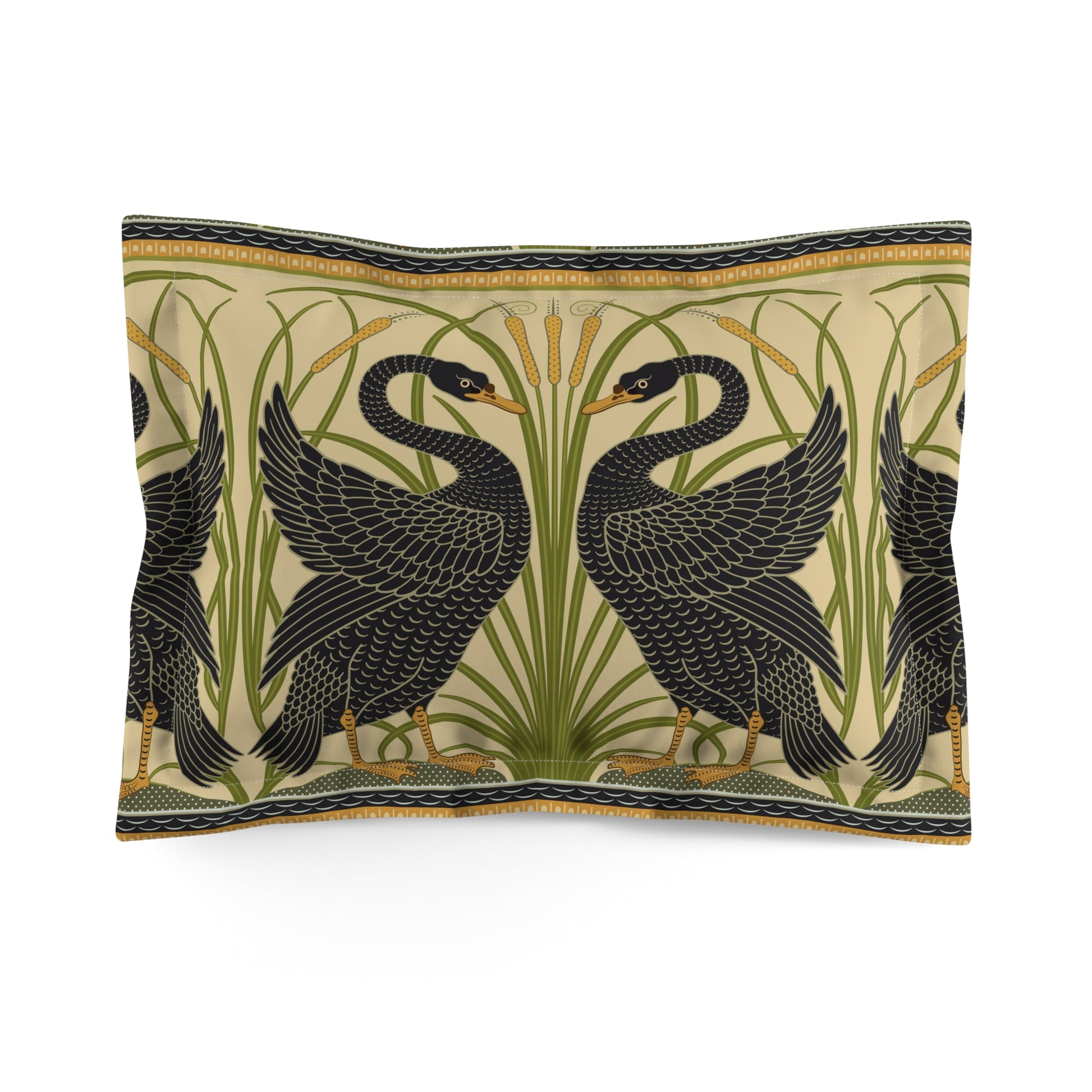 Decorative pillow with black swan design on a beige background