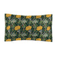Pillow sham with a floral design inspired by William Morris, featuring yellow chrysanthemums on a dark green background, with a traditional decorative edging.