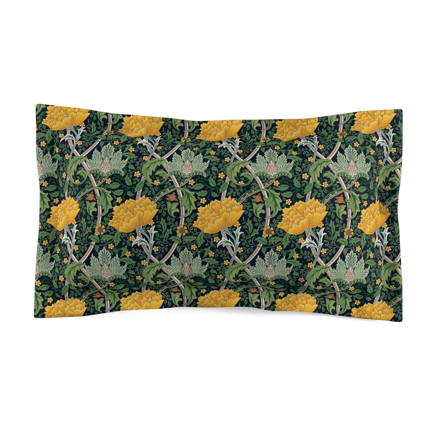 Pillow sham with a floral design inspired by William Morris, featuring yellow chrysanthemums on a dark green background, with a traditional decorative edging.