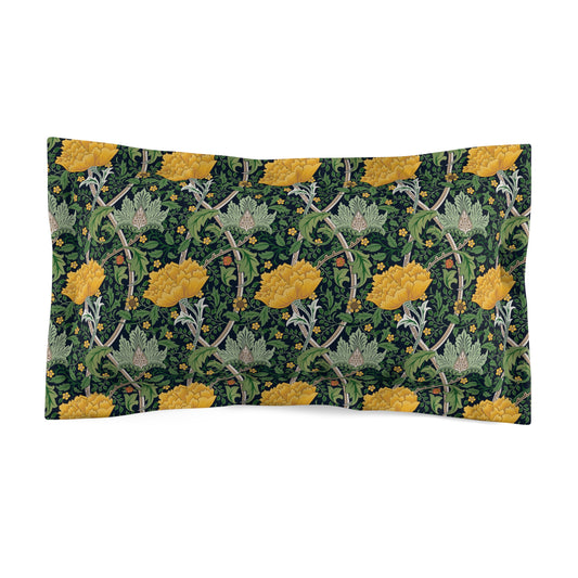 Pillow sham with a floral design inspired by William Morris, featuring yellow chrysanthemums on a dark green background, with a traditional decorative edging.