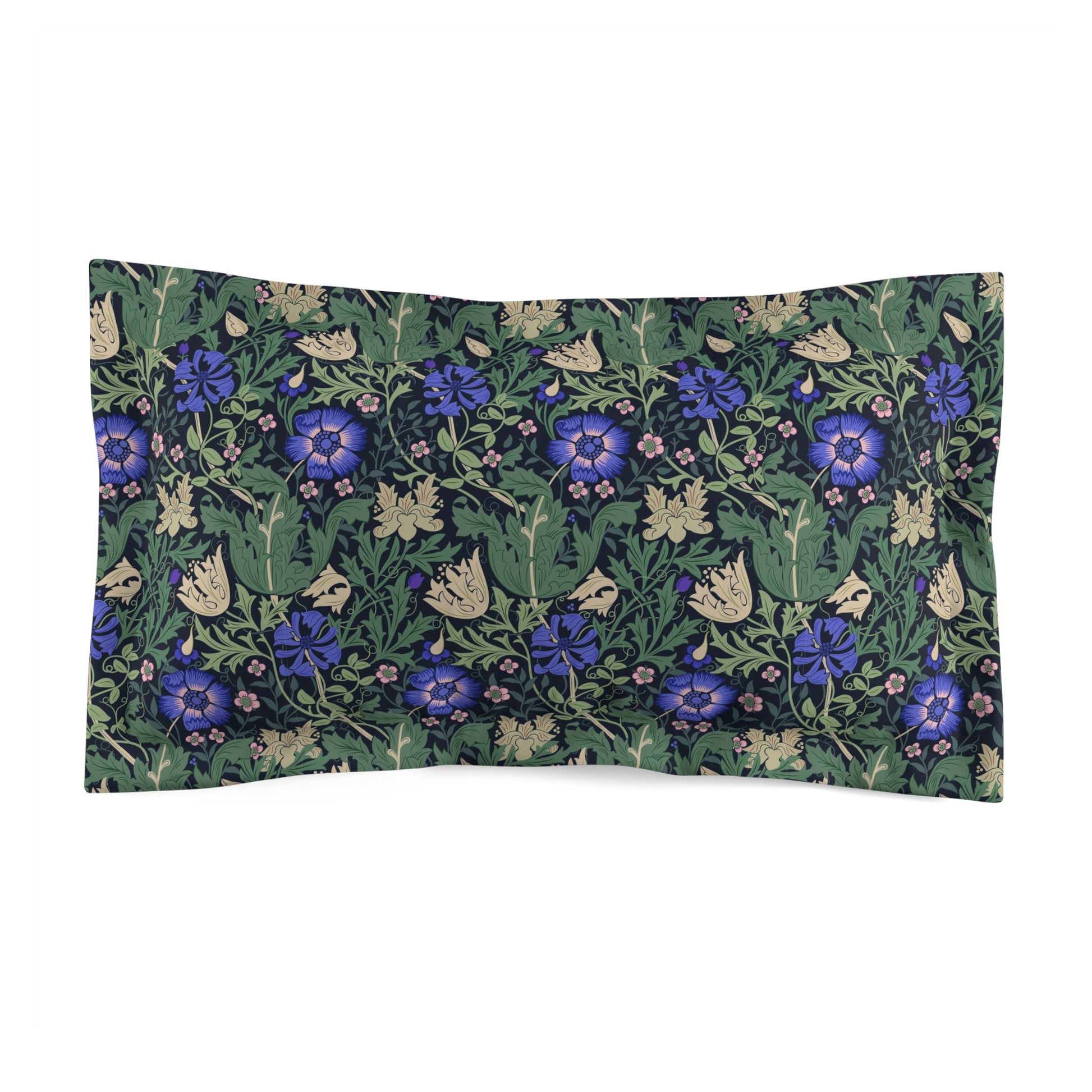 Pillow sham with a floral design inspired by William Morris, featuring a mix of green, blue, and beige colours on a fabric background.