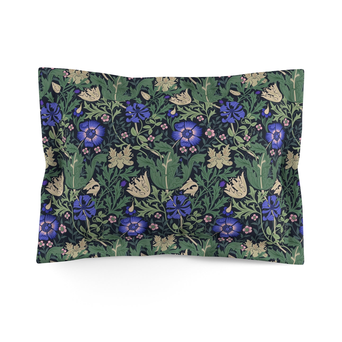 Pillow sham with a floral design inspired by William Morris, featuring a mix of green, blue, and beige colours on a fabric background.