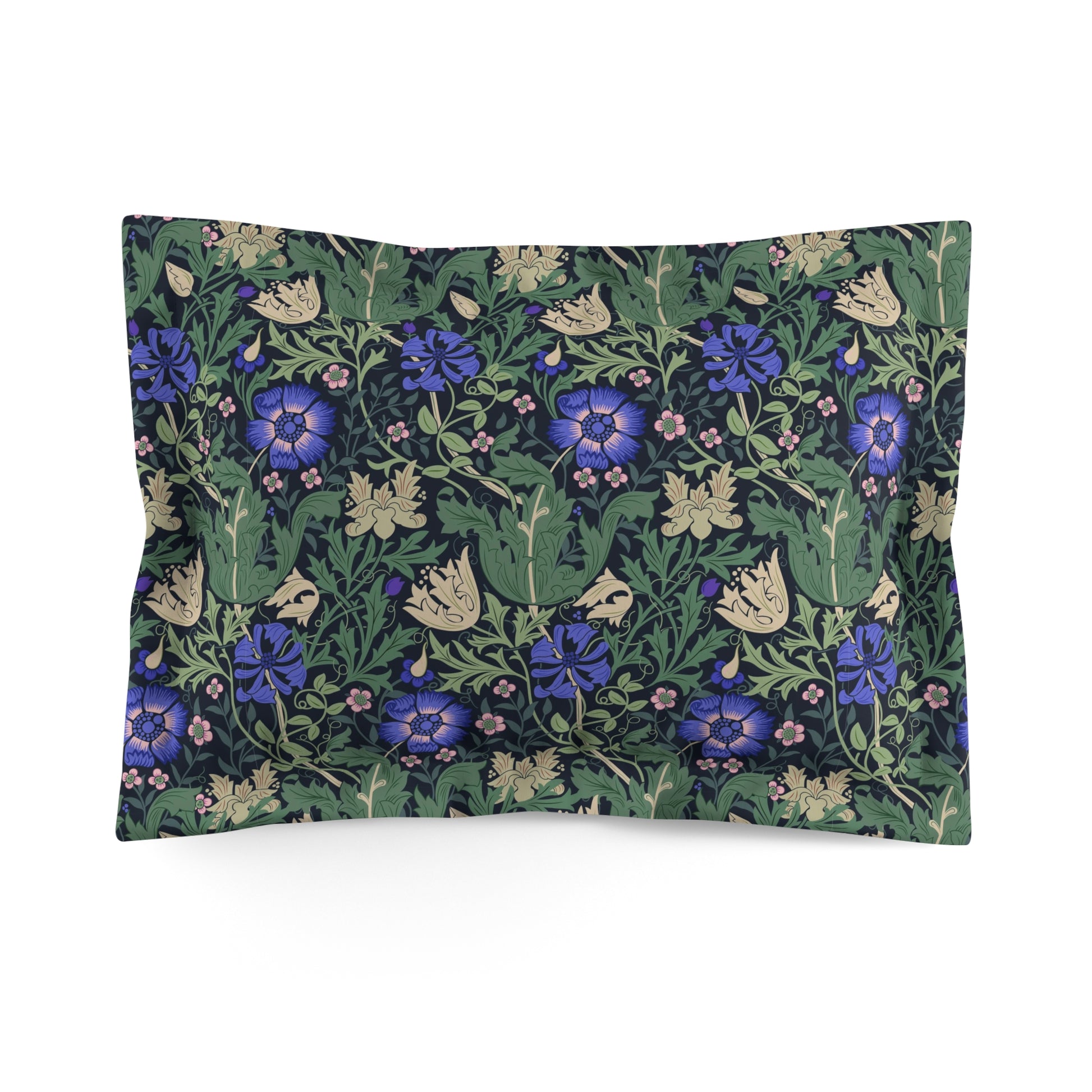 Pillow sham with a floral design inspired by William Morris, featuring a mix of green, blue, and beige colours on a fabric background.