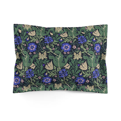 Pillow sham with a floral design inspired by William Morris, featuring a mix of green, blue, and beige colours on a fabric background.