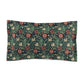Pillow sham with a floral design inspired by William Morris, featuring a mix of green, red, and cream colors on a dark background.