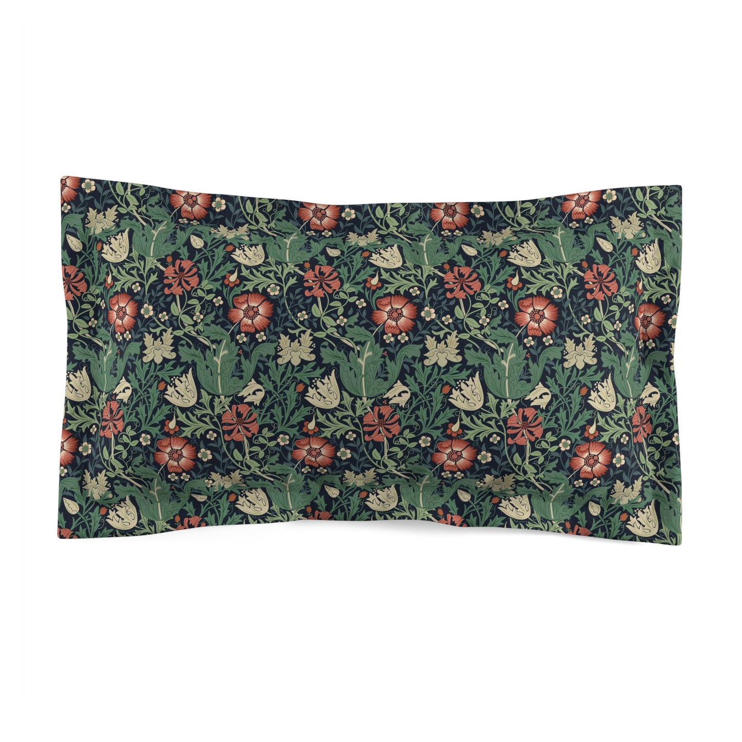 Pillow sham with a floral design inspired by William Morris, featuring a mix of green, red, and cream colors on a dark background.
