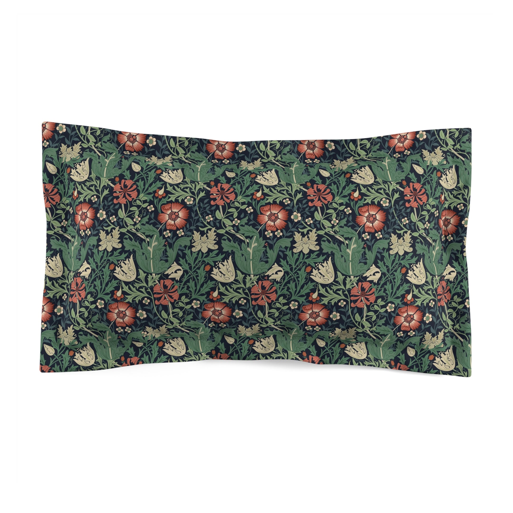 Pillow sham with a floral design inspired by William Morris, featuring a mix of green, red, and cream colors on a dark background.