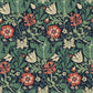 Pillow sham with a floral design inspired by William Morris, featuring a mix of green, red, and cream colours on a dark background.