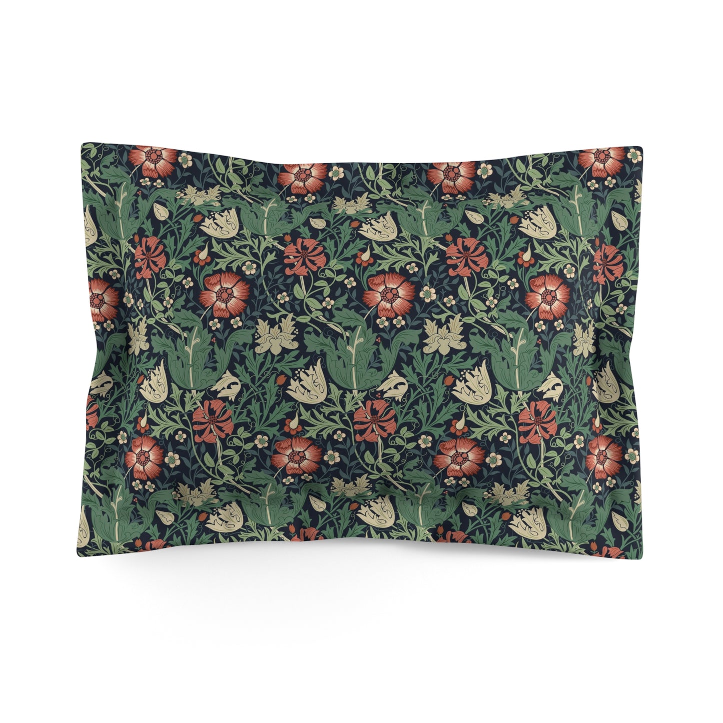 Pillow sham with a floral design inspired by William Morris, featuring a mix of green, red, and cream colours on a dark background.