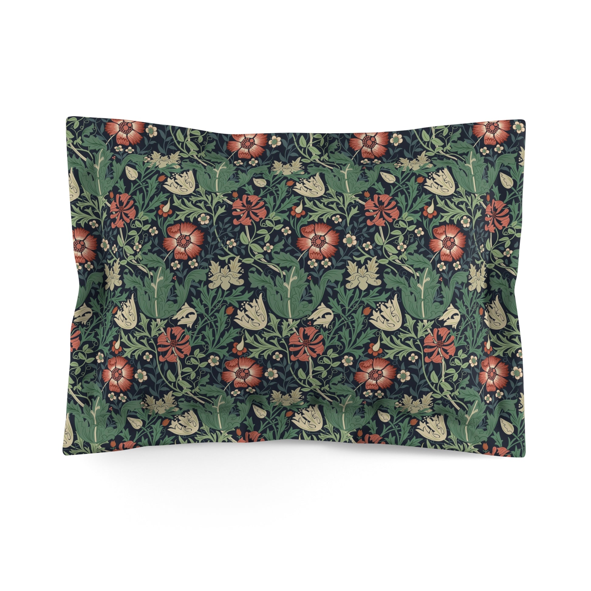 Pillow sham with a floral design inspired by William Morris, featuring a mix of green, red, and cream colours on a dark background.