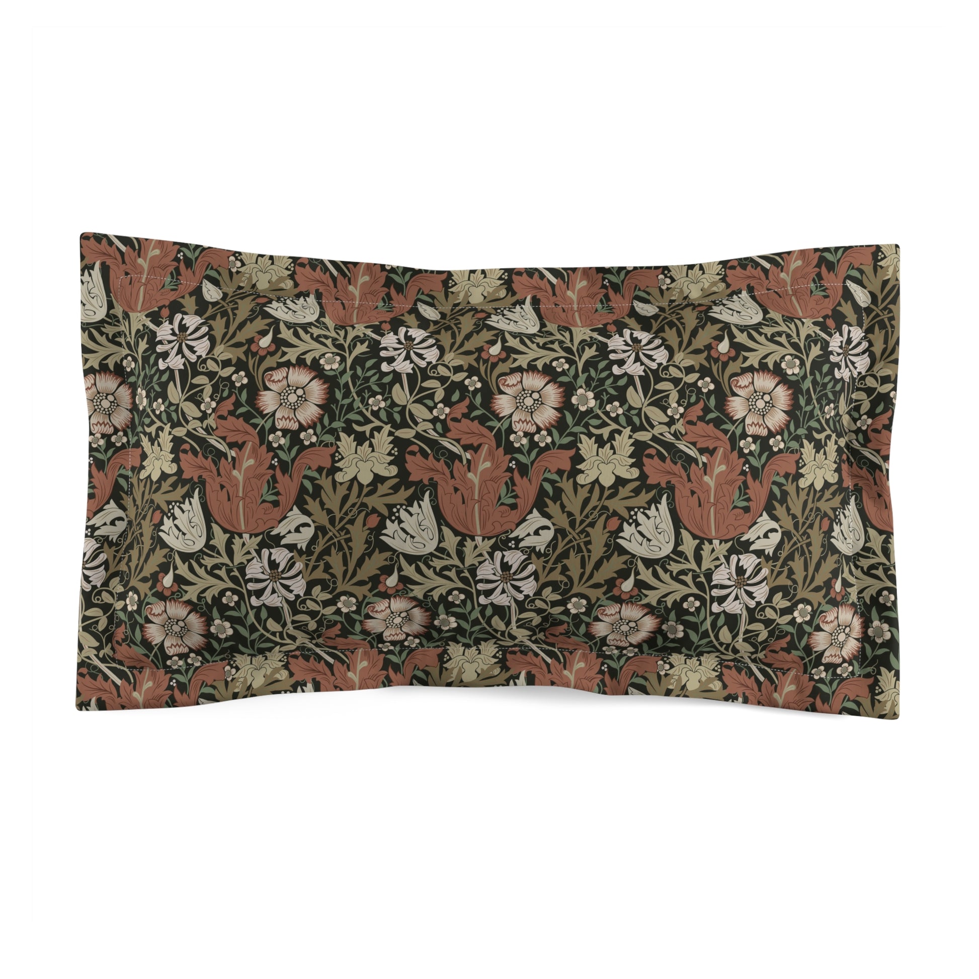 Pillow sham with a floral pattern in shades of green, brown, and beige.