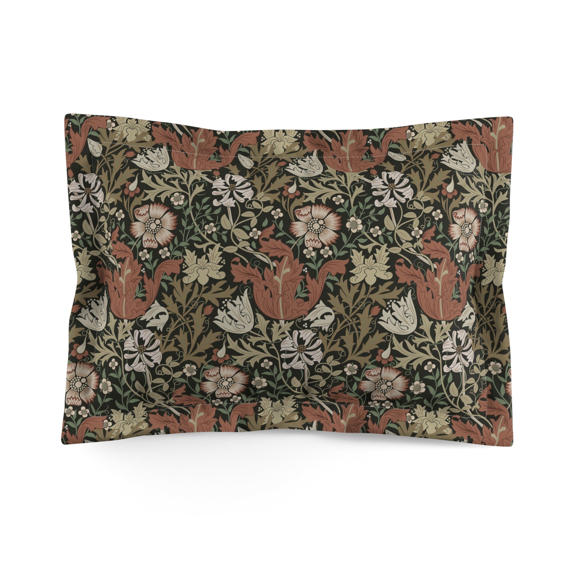 Pillow sham with a floral pattern in shades of green, brown, and beige.