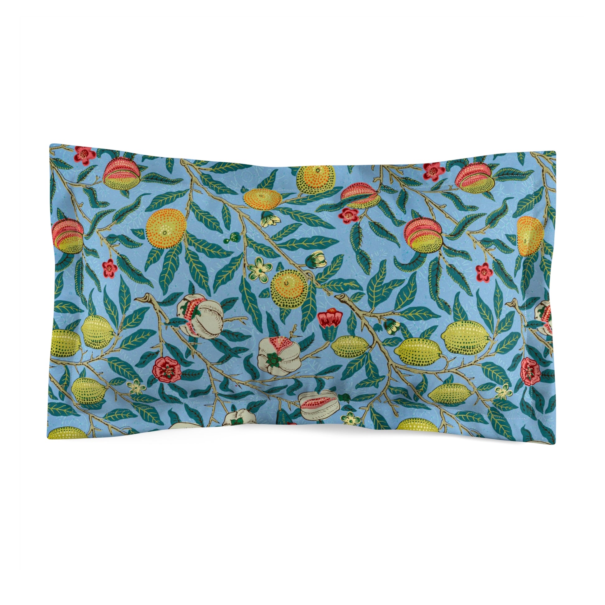 Pillow sham with a floral design inspired by William Morris, featuring an envelope closure.