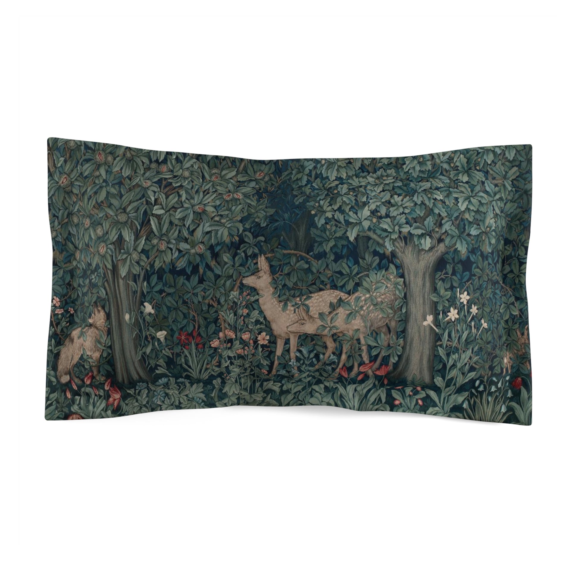Pillow sham with a floral design inspired by William Morris, featuring a woven texture with images of deer and foxes in a greenery background.