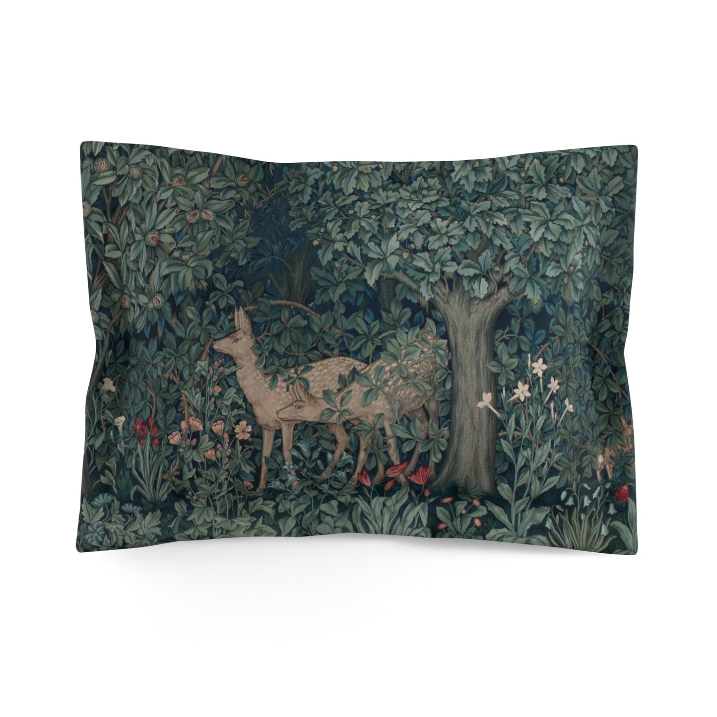 Pillow sham with a floral design inspired by William Morris, featuring a woven texture with images of deer and foxes in a greenery background.