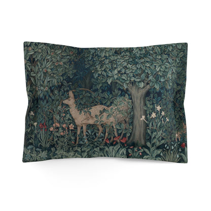 Pillow sham with a floral design inspired by William Morris, featuring a woven texture with images of deer and foxes in a greenery background.