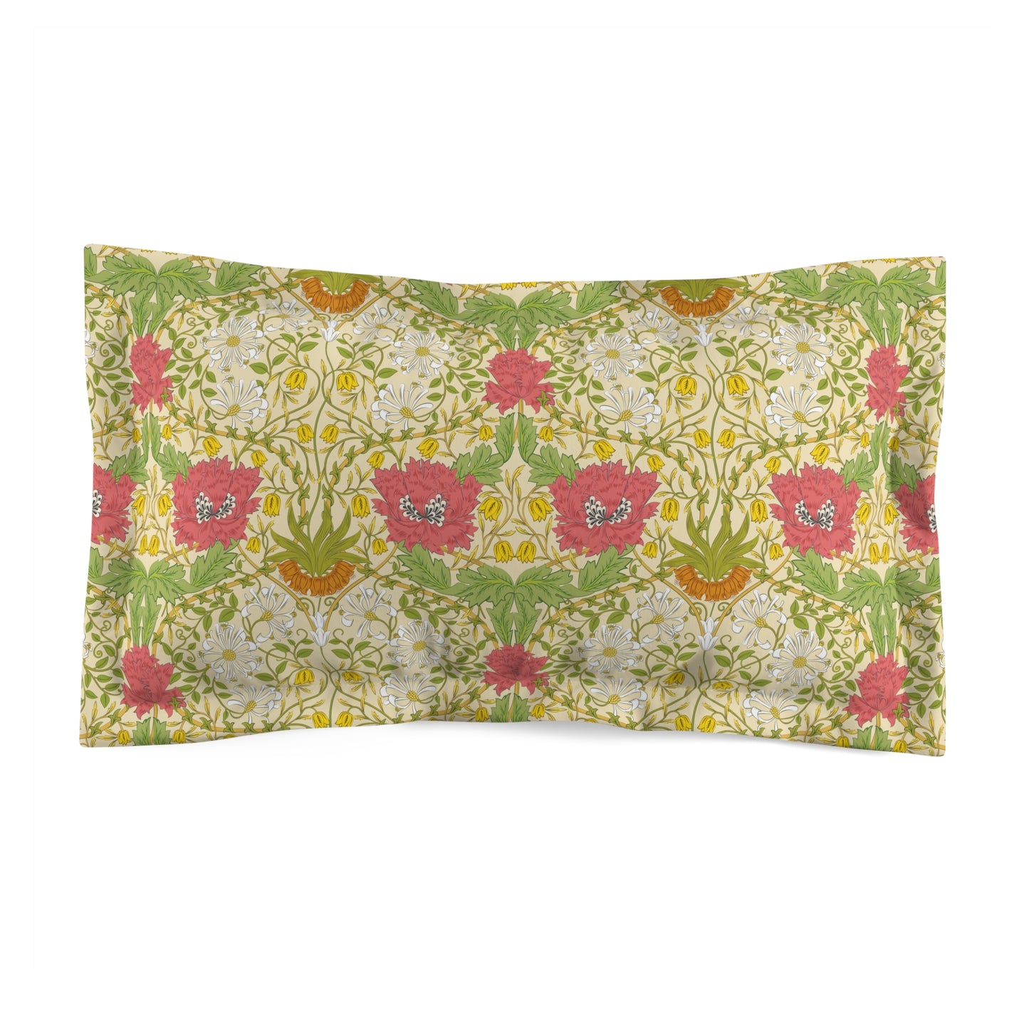 Pillow sham with a floral design inspired by William Morris in green, yellow, and pink colors on a king-sized bed.