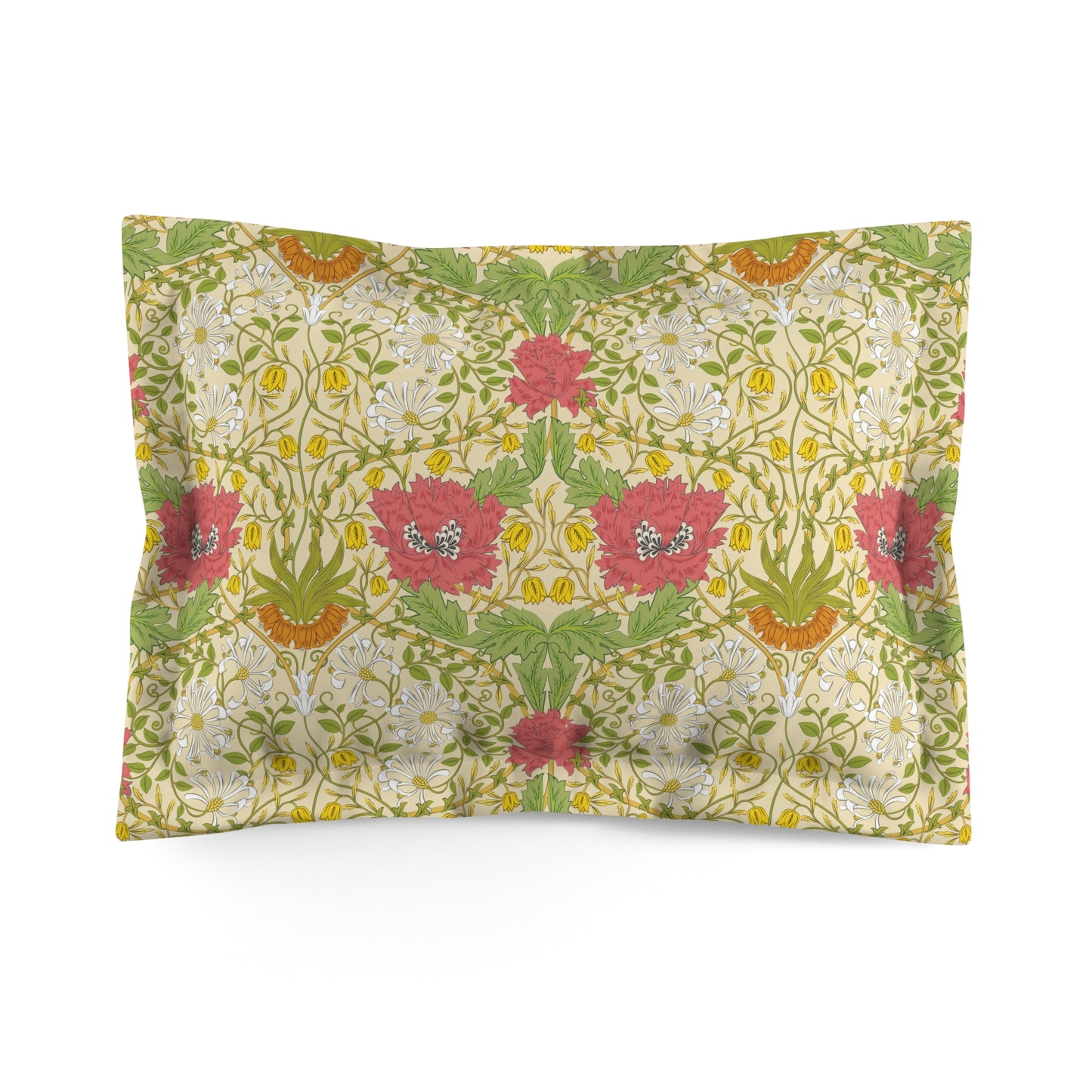 Pillow sham with a floral design inspired by William Morris in green, yellow, and pink colors on a king-sized bed.