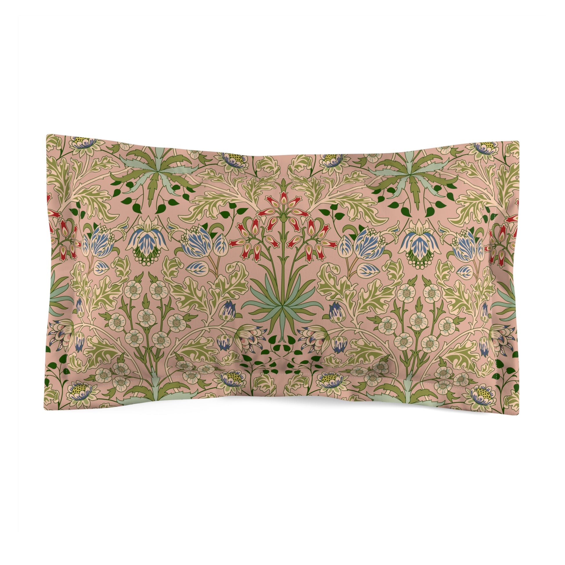 Pillow sham with a floral design inspired by William Morris, featuring a mix of flowers in bloom on a beige background.