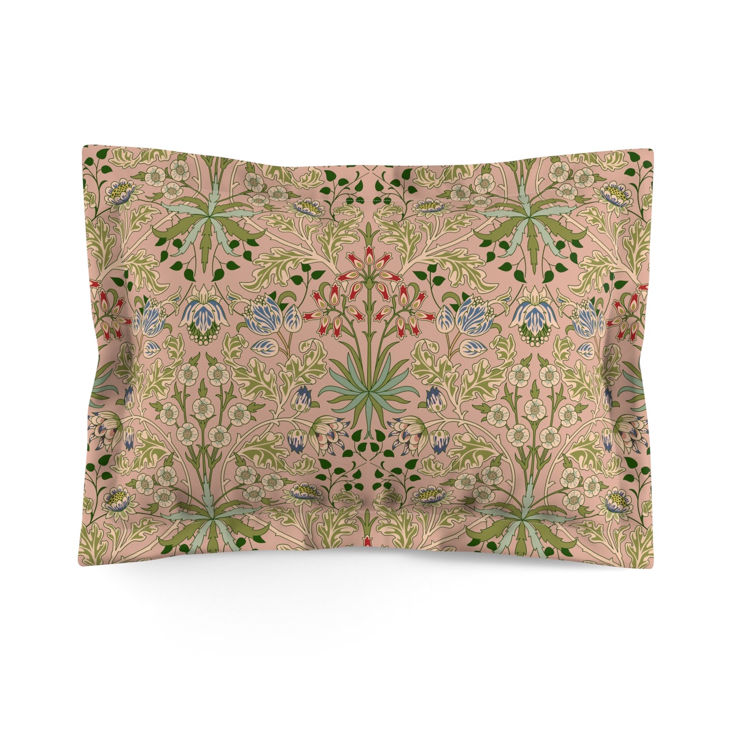 Pillow sham with a floral design inspired by William Morris, featuring a mix of flowers in bloom on a beige background.