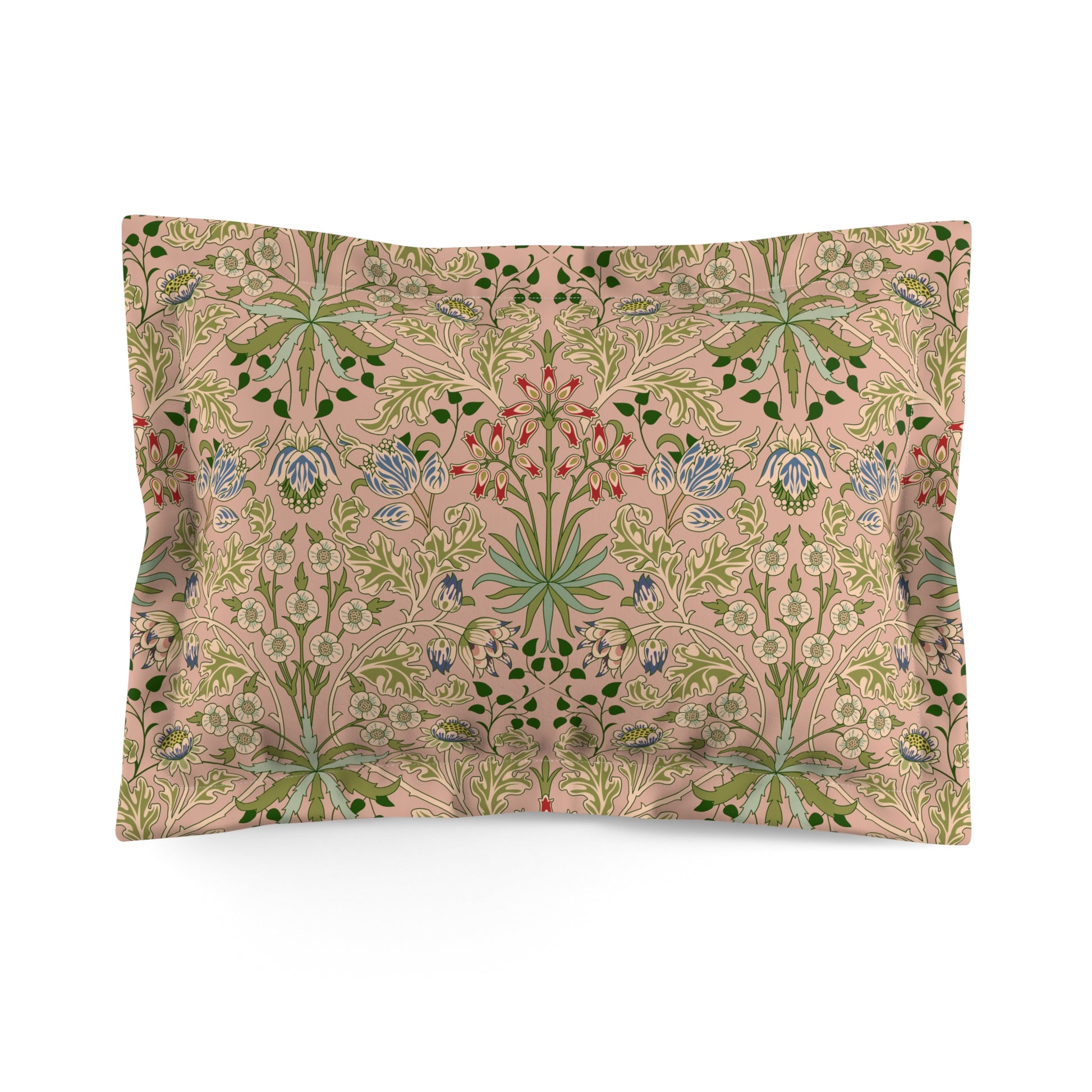 Pillow sham with a floral design inspired by William Morris, featuring a mix of flowers in bloom on a beige background.