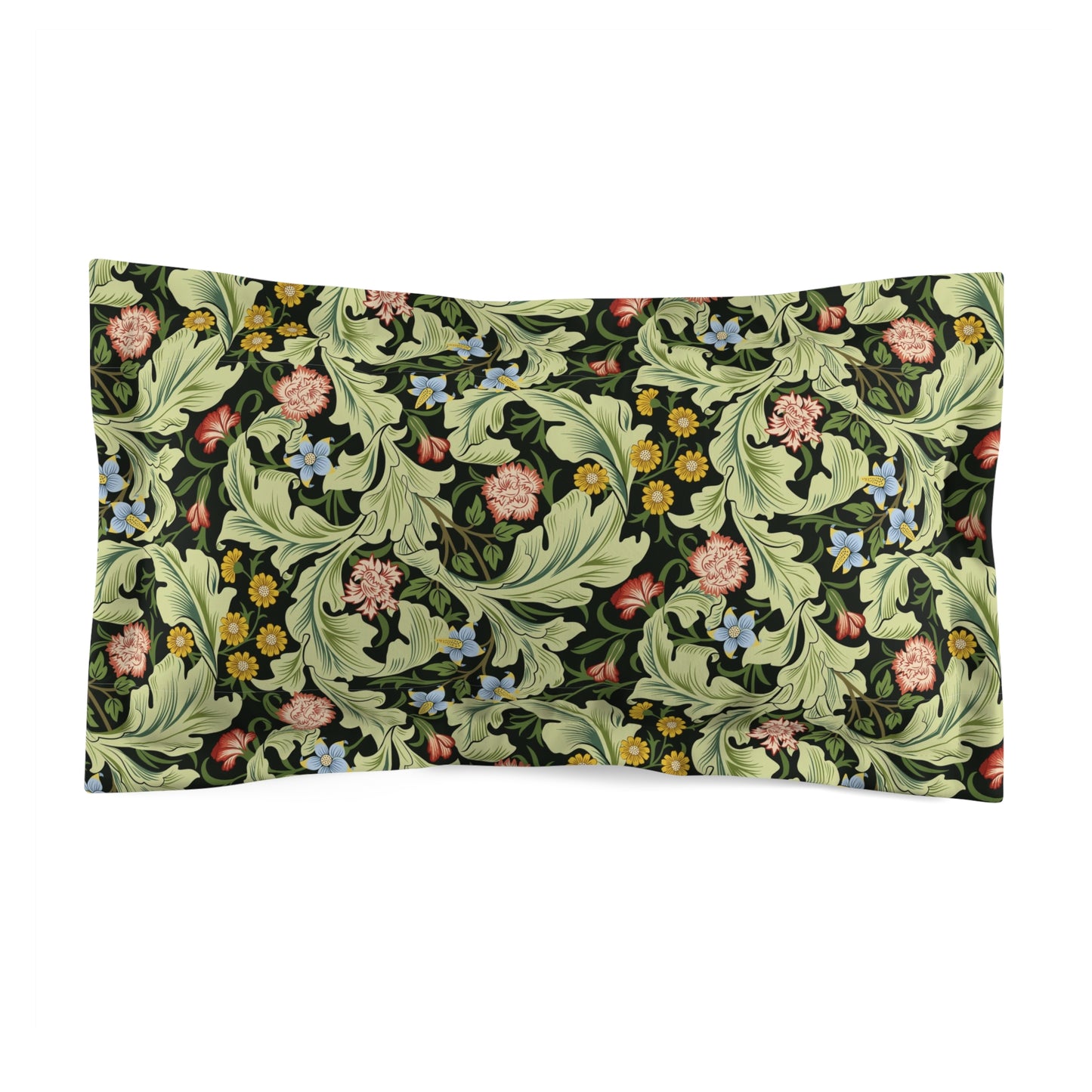 Pillow sham with a floral design inspired by William Morris in green, with a cream-colored back.