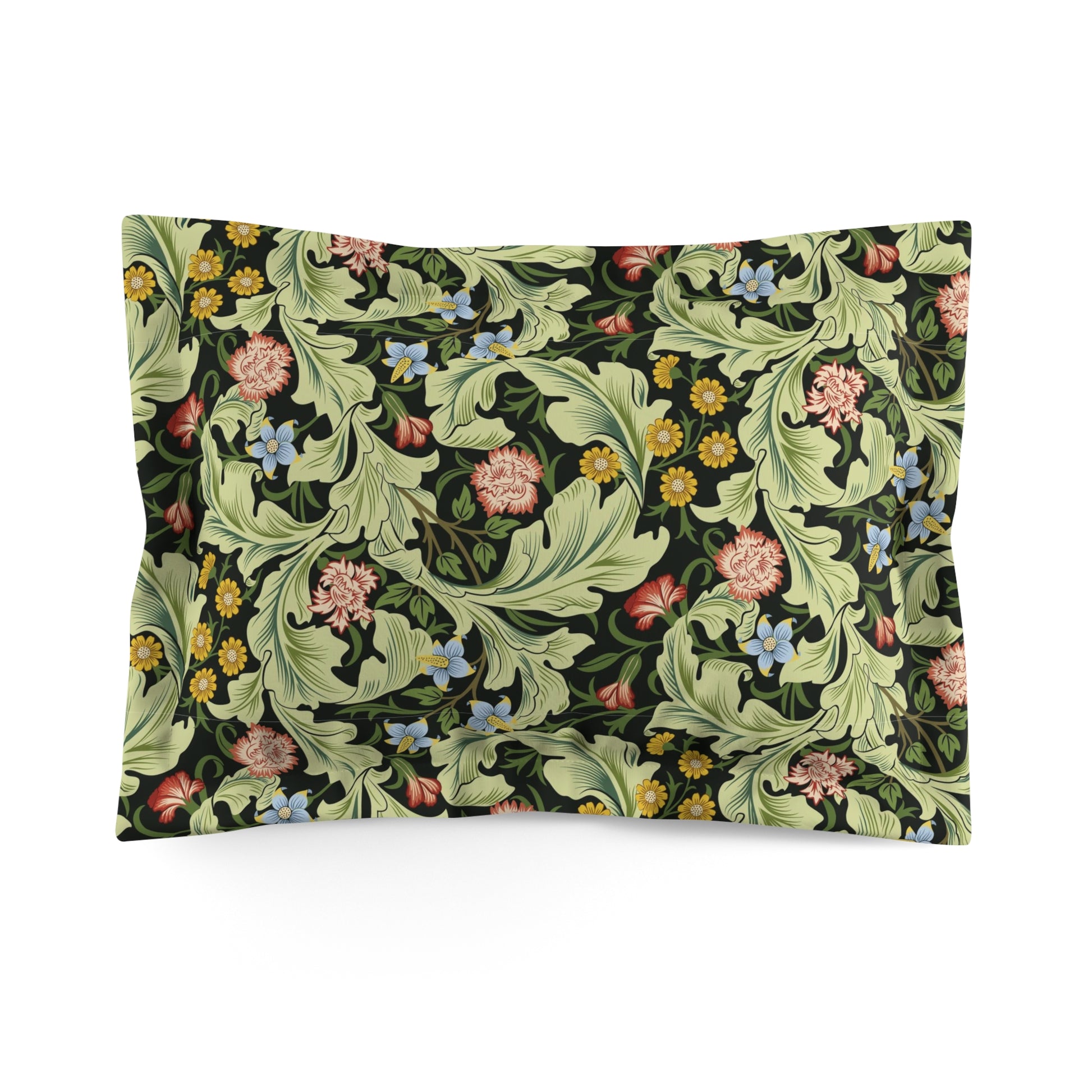 Pillow sham with a floral design inspired by William Morris in green, with a cream-coloured back.