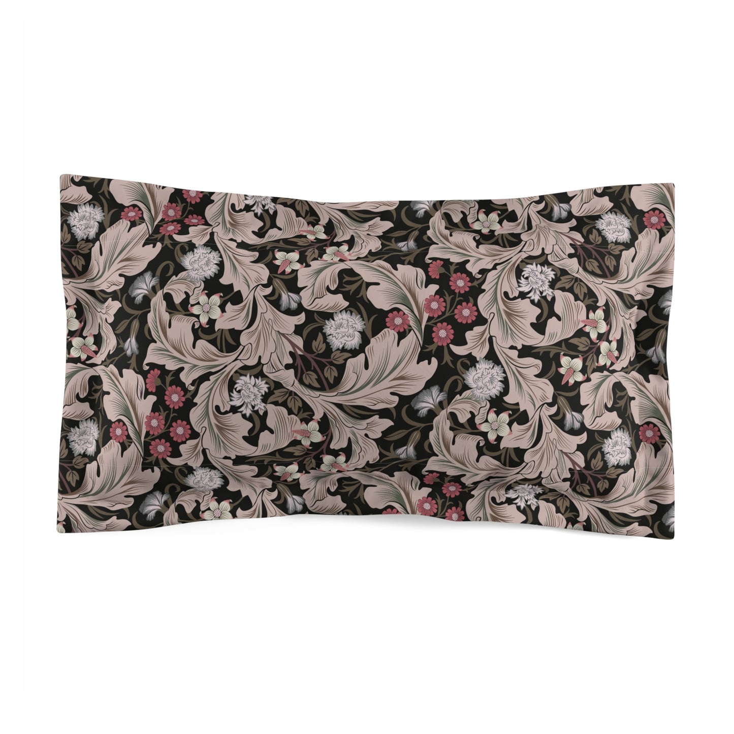 Pillow sham with a floral design inspired by William Morris in mocha colour on a white background.