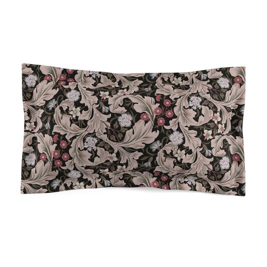 Pillow sham with a floral design inspired by William Morris in mocha colour on a white background.