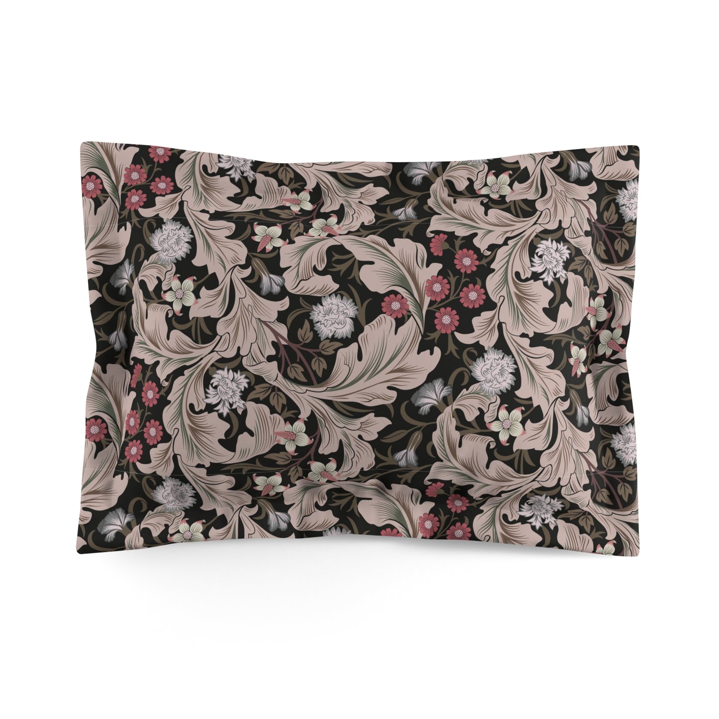 Pillow sham with a floral design inspired by William Morris in mocha colour on a white background.
