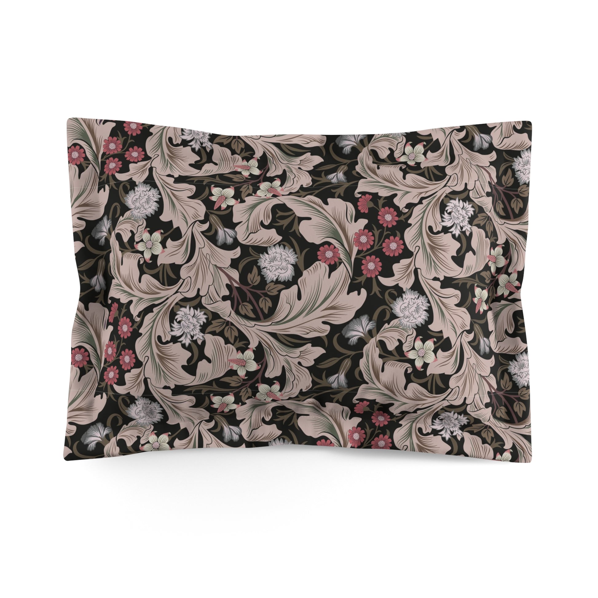 Pillow sham with a floral design inspired by William Morris in mocha colour on a white background.