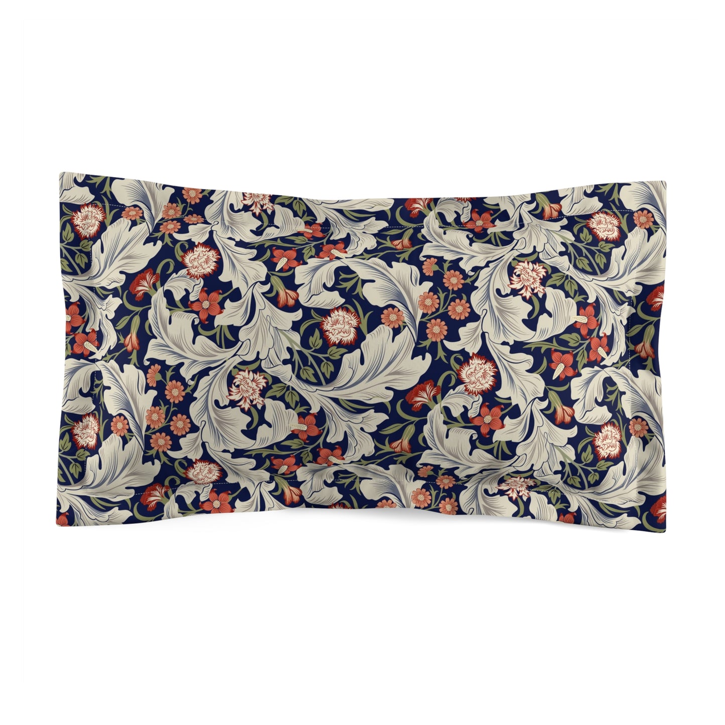 A square-shaped pillow sham with a floral pattern inspired by William Morris's classic designs, in a cream colour with red and blue accents.
