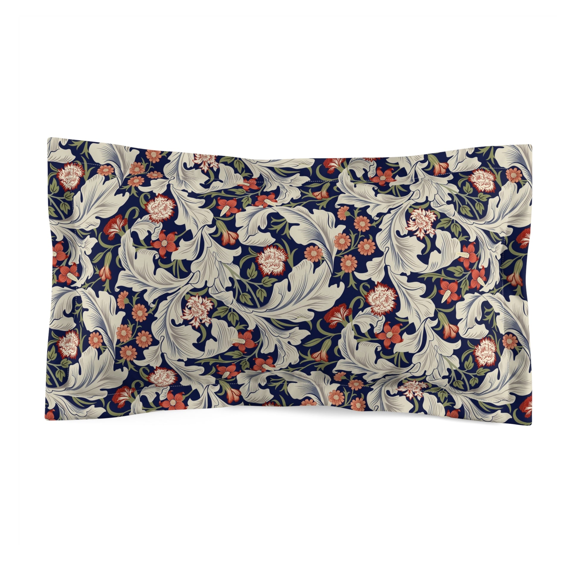 A square-shaped pillow sham with a floral pattern inspired by William Morris's classic designs, in a cream colour with red and blue accents.