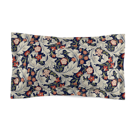 A square-shaped pillow sham with a floral pattern inspired by William Morris's classic designs, in a cream colour with red and blue accents.