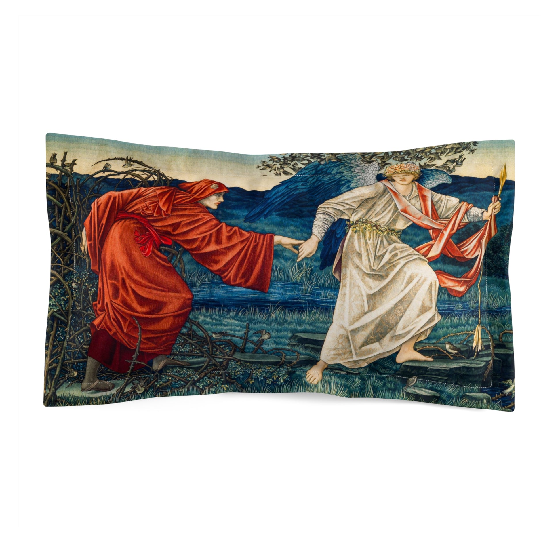 Pillow sham with a floral design inspired by William Morris, featuring two figures in a traditional, vintage style.