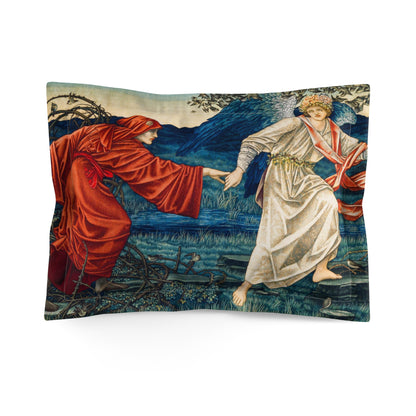 Pillow sham with a floral design inspired by William Morris, featuring two figures in a traditional, vintage style.