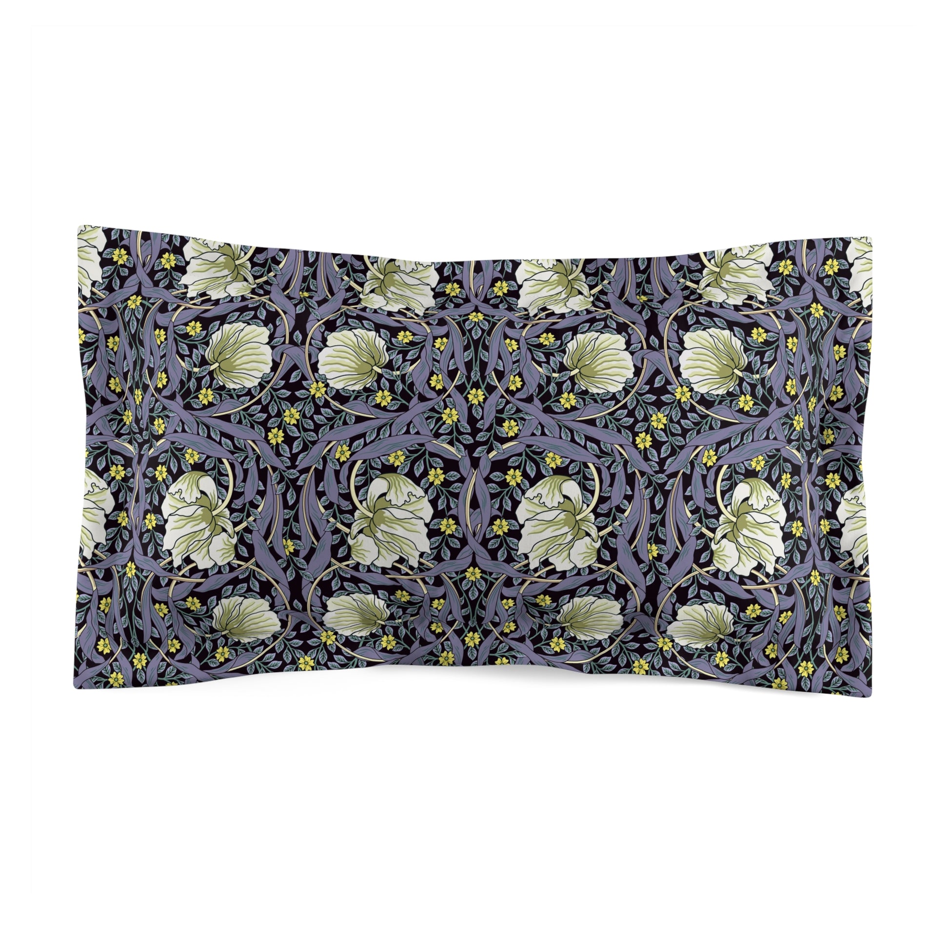 A rectangular pillow sham with a floral design inspired by William Morris in lavender and cream colors on a dark background.