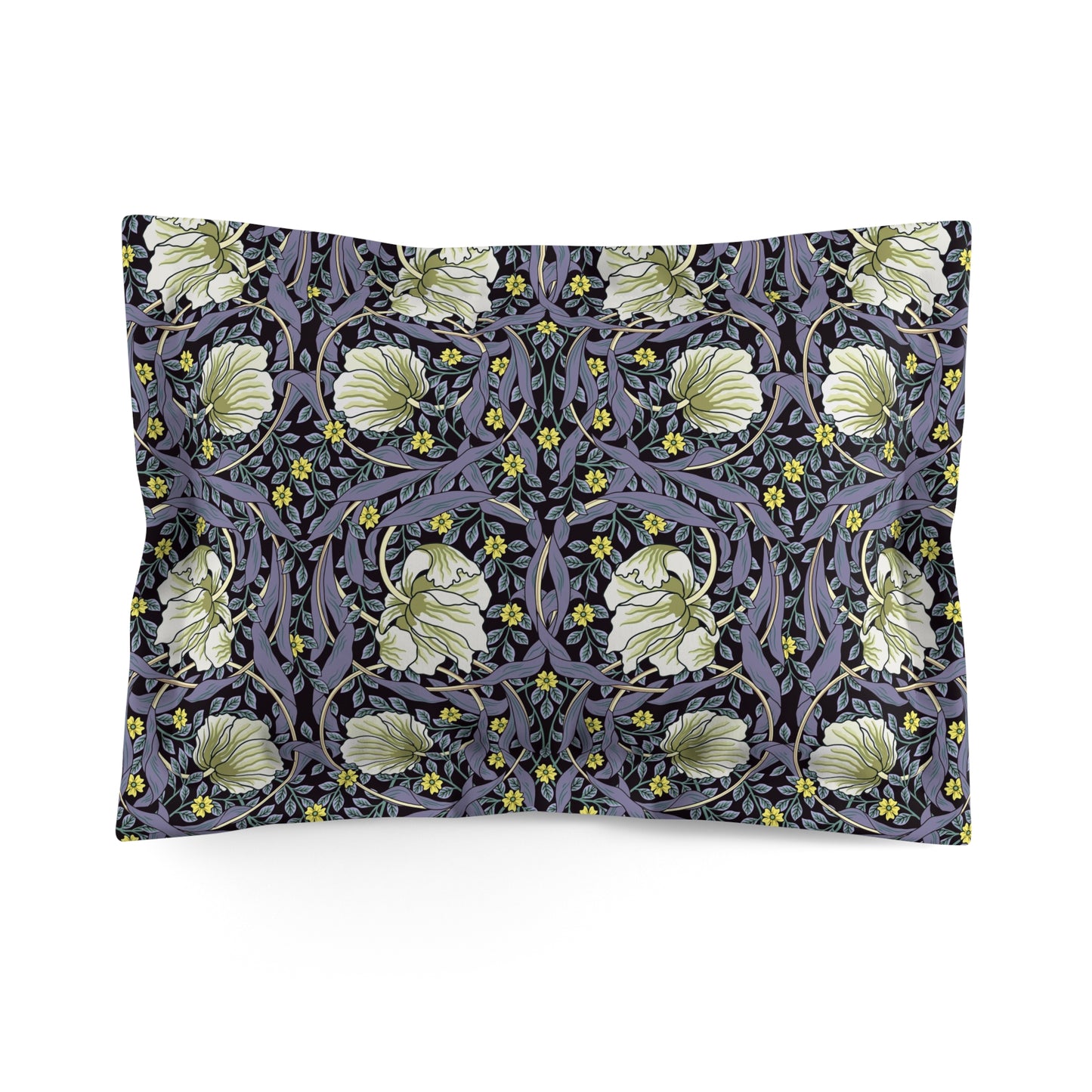 A rectangular pillow sham with a floral design inspired by William Morris in lavender and cream colours on a dark background.