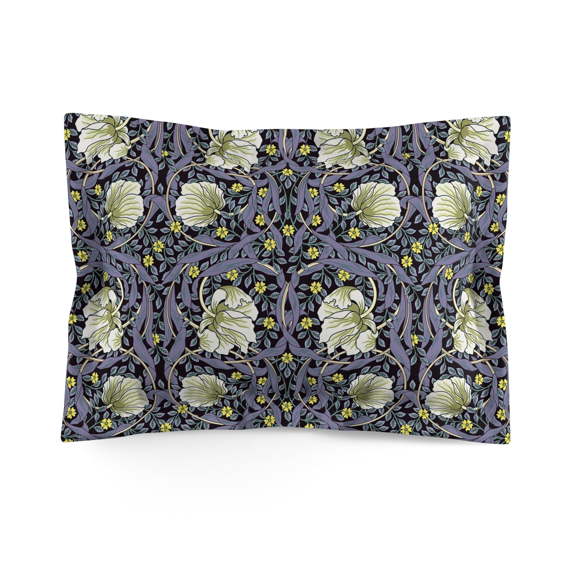 A rectangular pillow sham with a floral design inspired by William Morris in lavender and cream colours on a dark background.