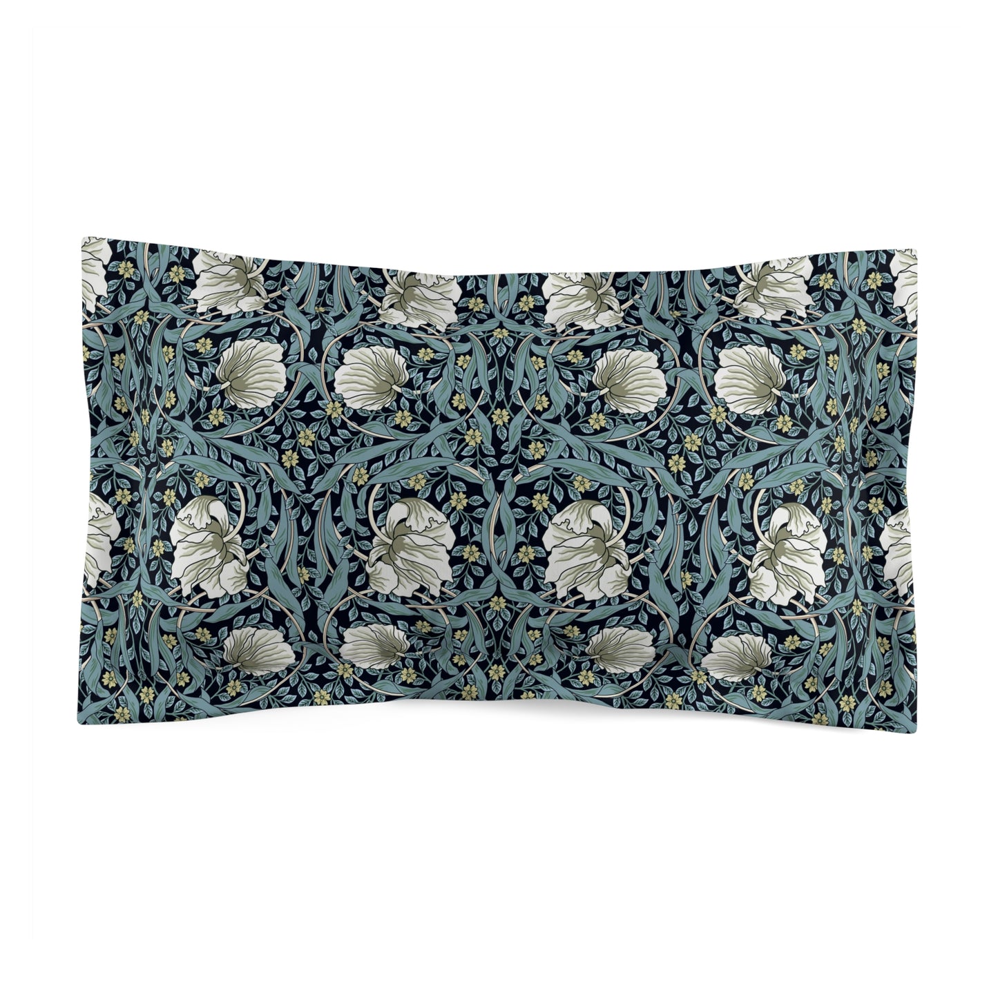 Pillow sham with a floral design inspired by William Morris in a slate blue color on a white background.