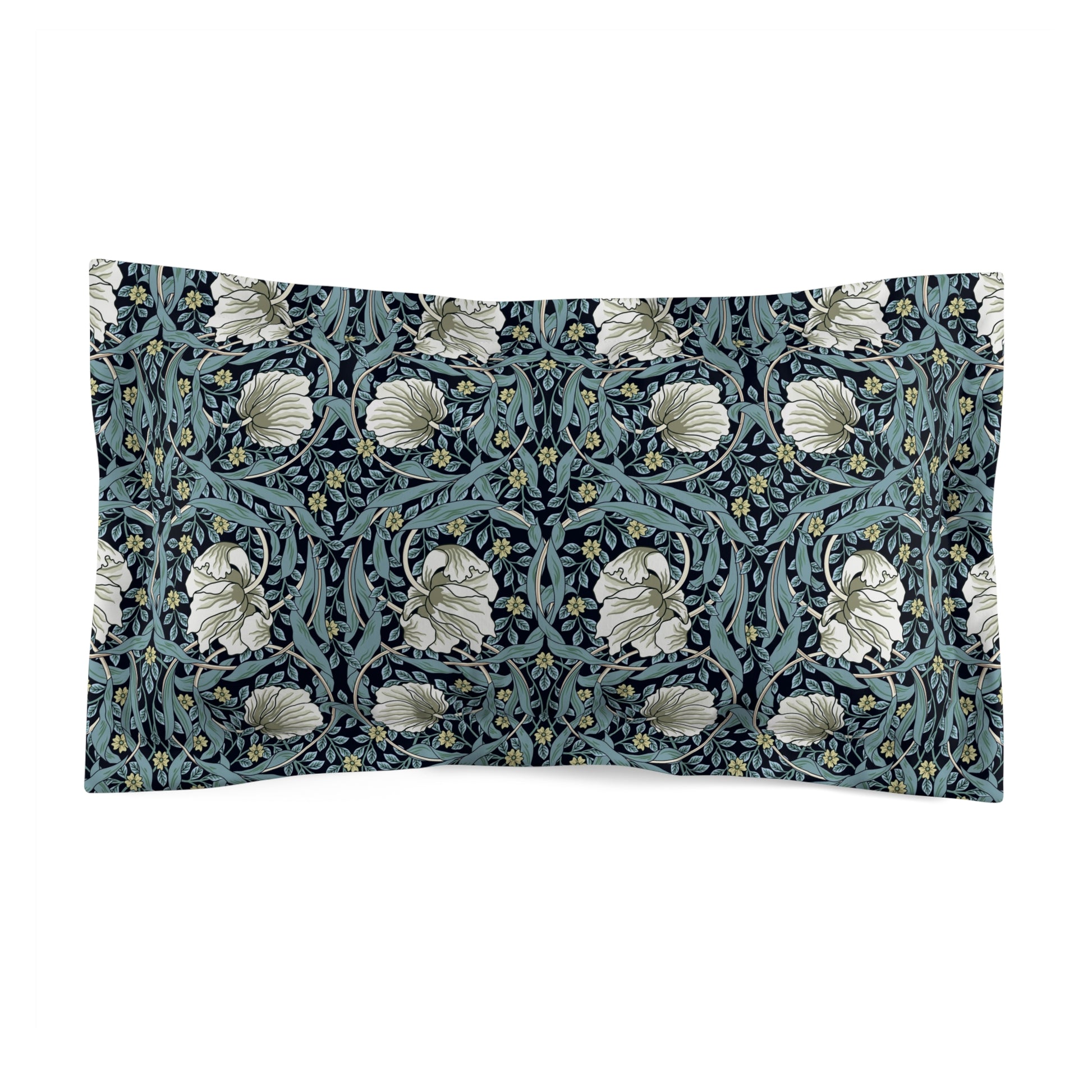 Pillow sham with a floral design inspired by William Morris in a slate blue color on a white background.