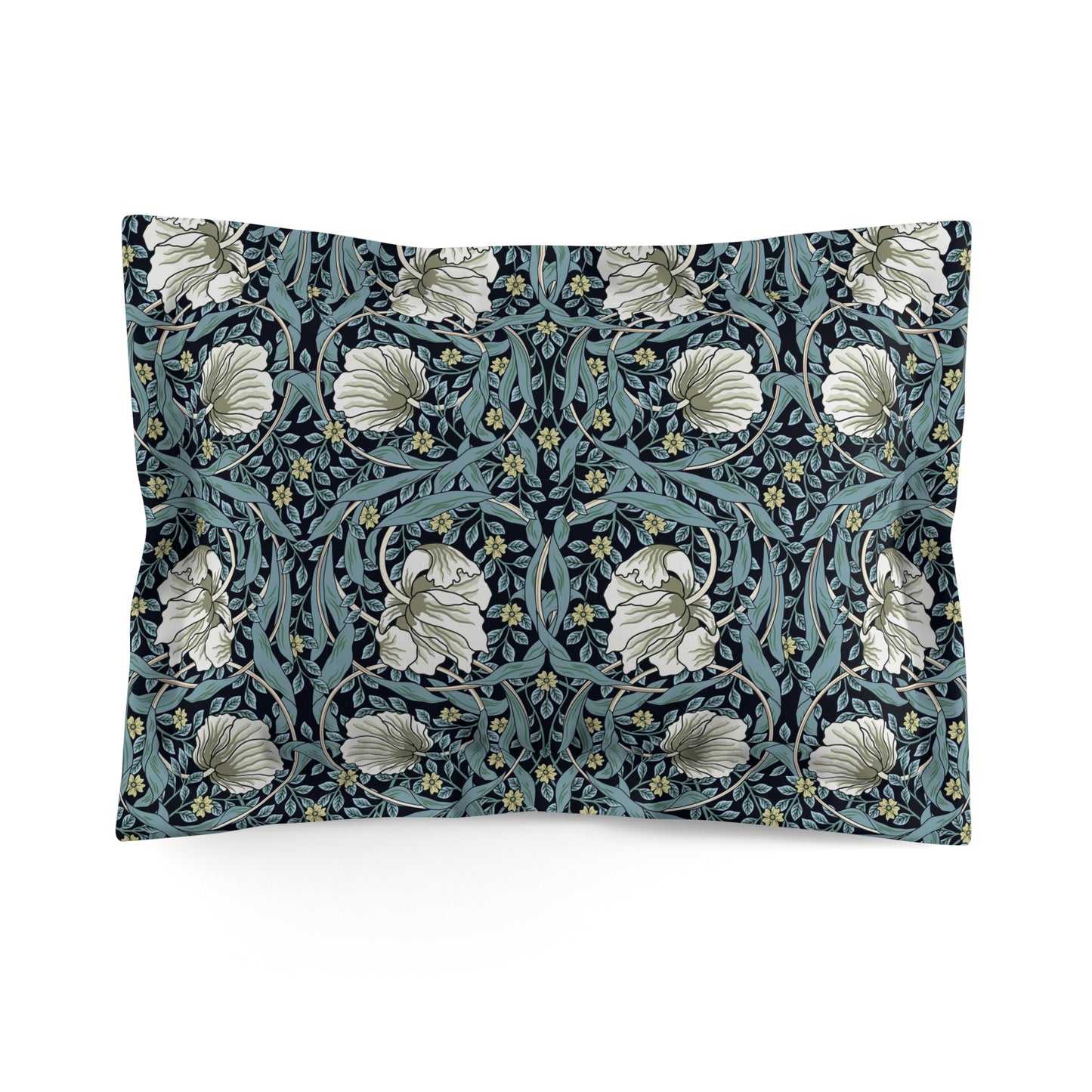 Pillow sham with a floral design inspired by William Morris in a slate blue colour on a white background.