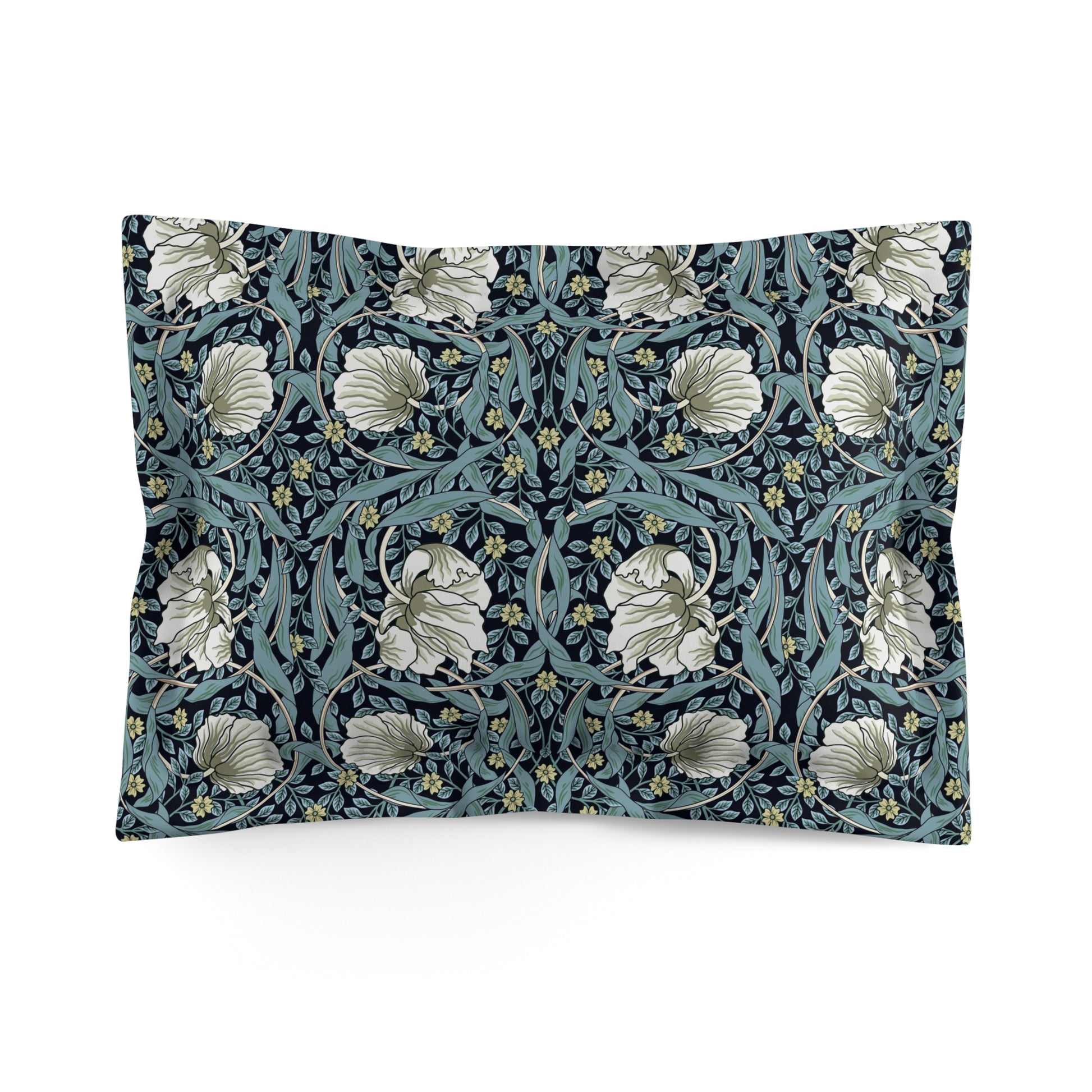 Pillow sham with a floral design inspired by William Morris in a slate blue colour on a white background.
