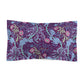 A rectangular pillow sham with a floral design in pink and green on a purple background, inspired by William Morris.