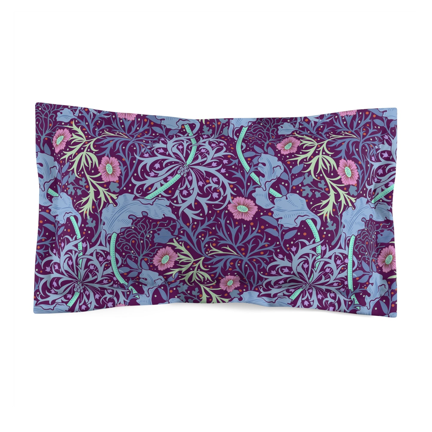 A rectangular pillow sham with a floral design in pink and green on a purple background, inspired by William Morris.