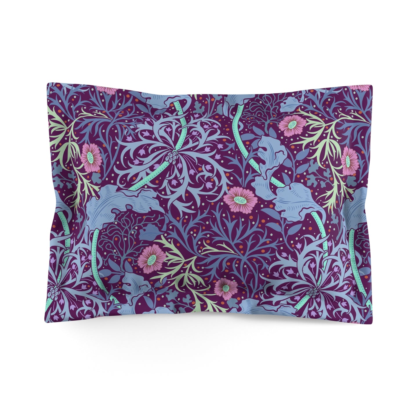 A rectangular pillow sham with a floral design in pink and green on a purple background, inspired by William Morris.