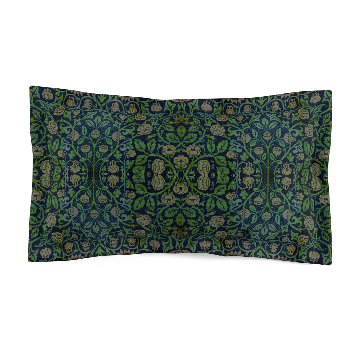 Pillow sham with a floral design in green, inspired by William Morris' Violet and Columbine Collection.