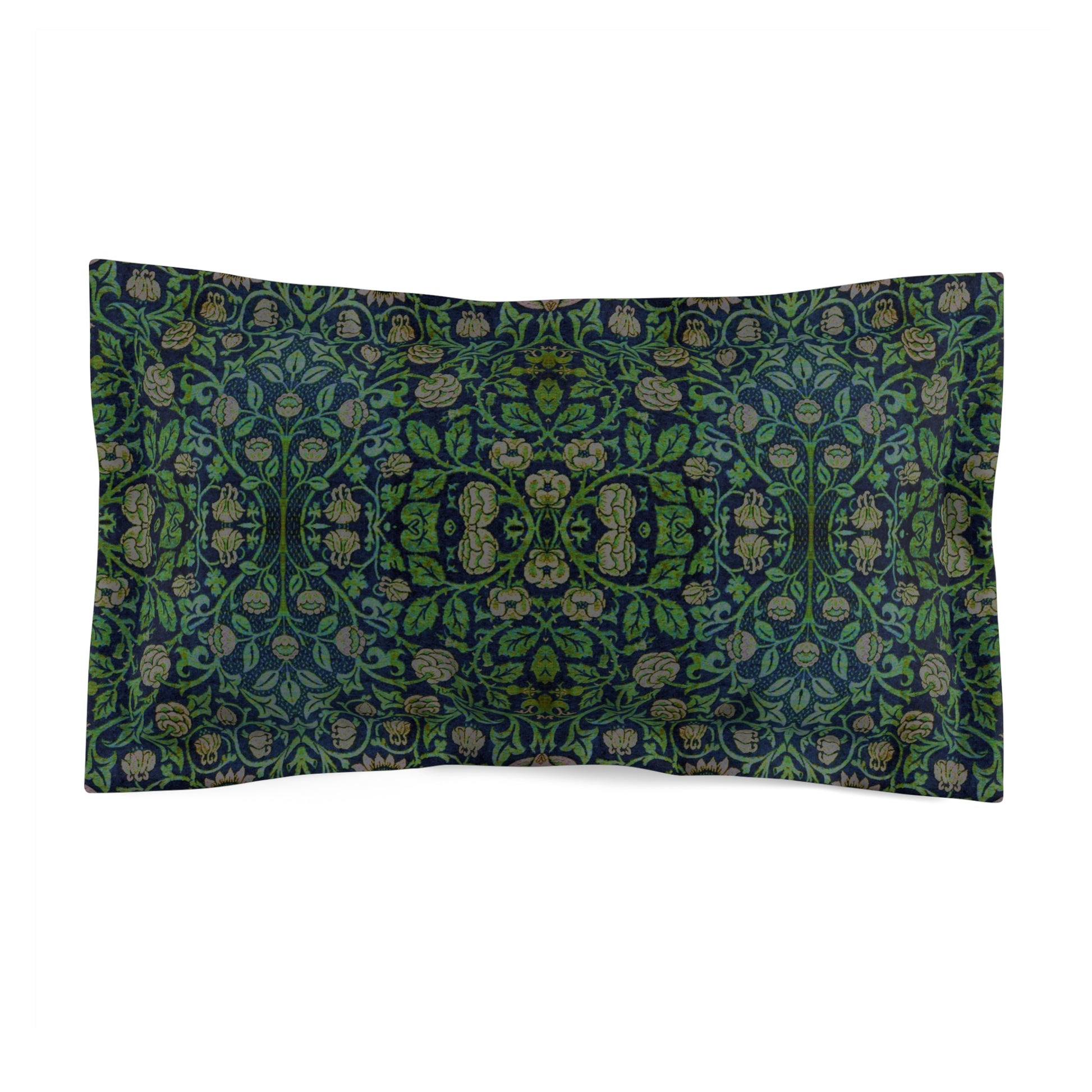 Pillow sham with a floral design in green, inspired by William Morris' Violet and Columbine Collection.